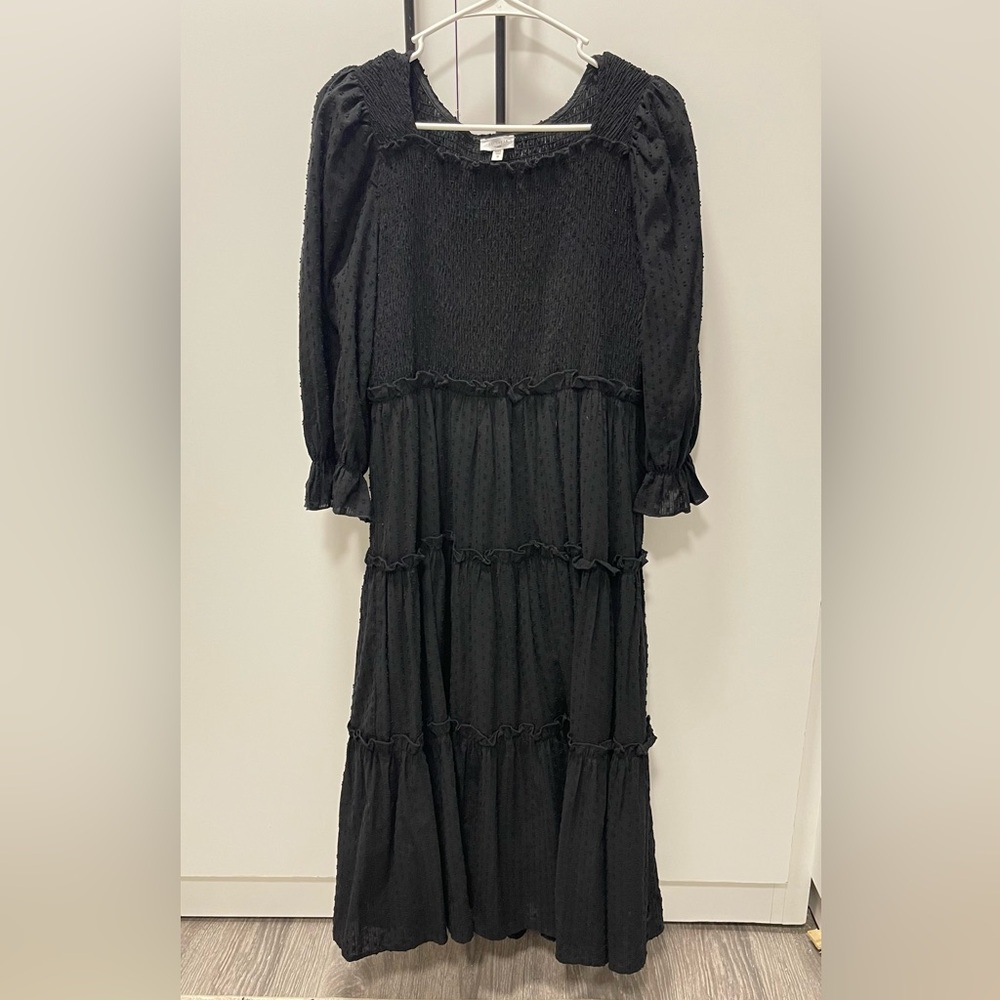 Tiered Swiss Dot Black Square Neck Midi Dress